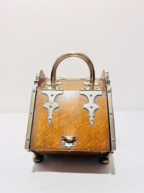 ANTIQUE LARGE SILVER PLATE AND OAK DOUBLE OPENING BISCUIT BOX C1880 - ADDITIONAL PHOTO 1