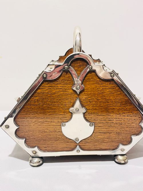 ANTIQUE LARGE SILVER PLATE AND OAK DOUBLE OPENING BISCUIT BOX C1880 - ADDITIONAL PHOTO 4