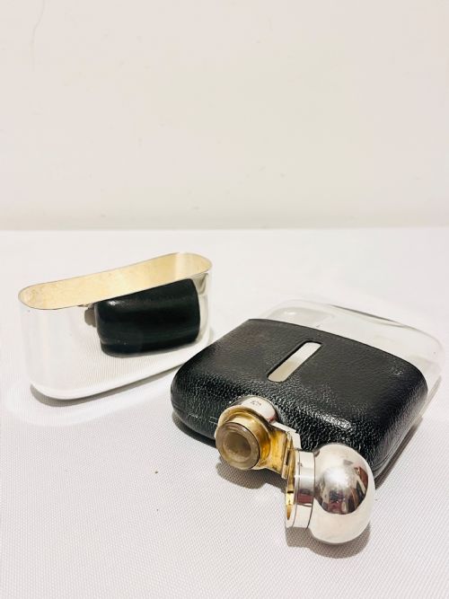 ANTIQUE SILVER PLATED LEATHER BOUND HIP FLASK C1900 BY JAMES DIXON SONS - ADDITIONAL PHOTO 5