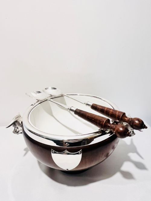 FIGURAL MOUNTED WITH COW HEADS ANTIQUE WOOD AND SILVER PLATE SALAD BOWL C1900 - ADDITIONAL PHOTO 1