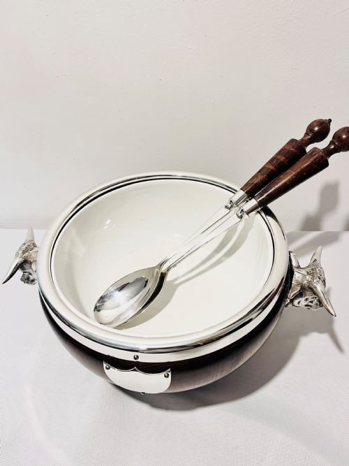 FIGURAL MOUNTED WITH COW HEADS ANTIQUE WOOD AND SILVER PLATE SALAD BOWL C1900 - ADDITIONAL PHOTO 3