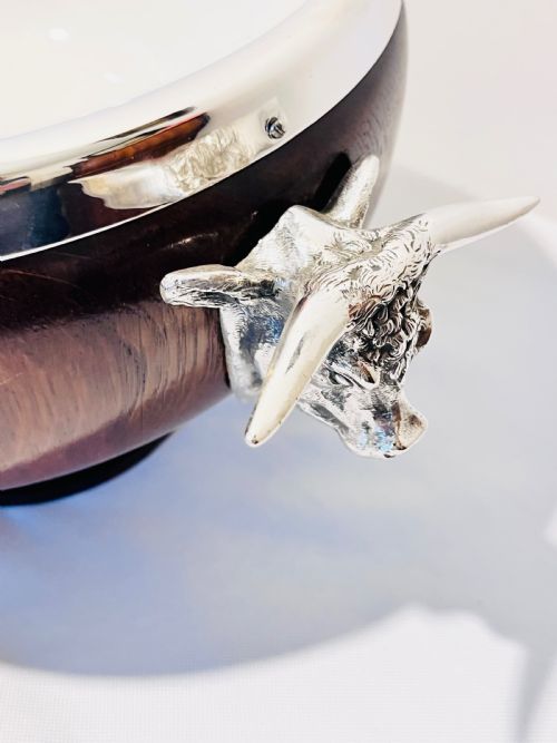 FIGURAL MOUNTED WITH COW HEADS ANTIQUE WOOD AND SILVER PLATE SALAD BOWL C1900 - ADDITIONAL PHOTO 4