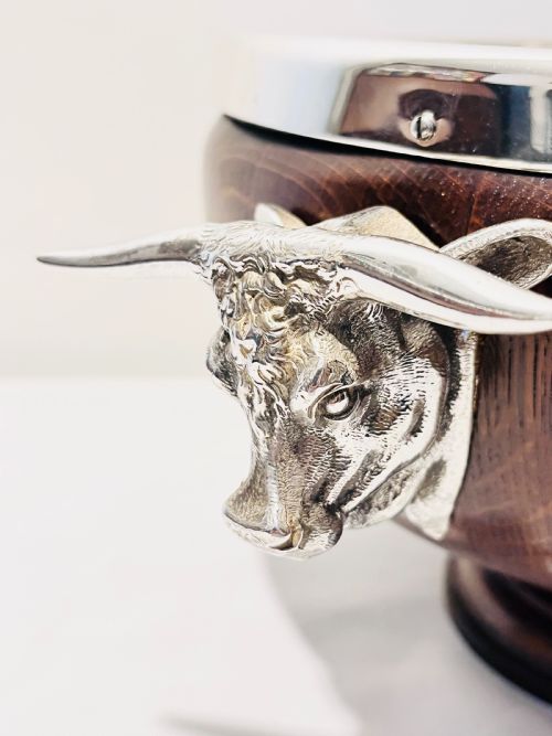 FIGURAL MOUNTED WITH COW HEADS ANTIQUE WOOD AND SILVER PLATE SALAD BOWL C1900 - ADDITIONAL PHOTO 5