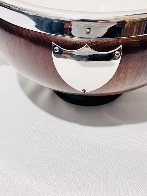 FIGURAL MOUNTED WITH COW HEADS ANTIQUE WOOD AND SILVER PLATE SALAD BOWL C1900 - ADDITIONAL PHOTO 6