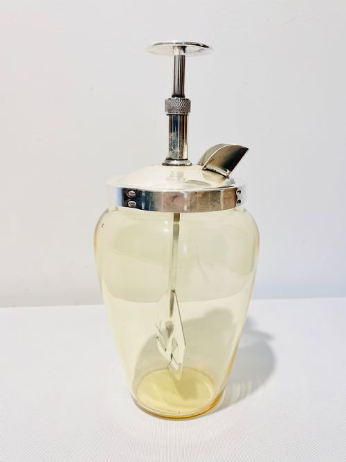 VINTAGE PUMP ACTION COCKTAIL MIXER C1930 GLASS IS UNUSUAL IN THAT ITS YELLOW - ADDITIONAL PHOTO 2