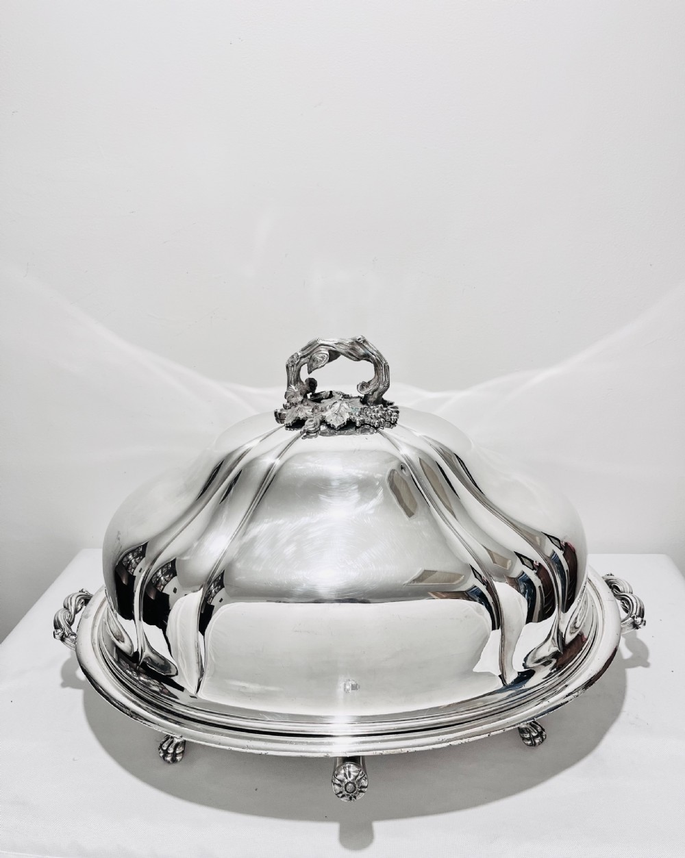 Old Sheffield silver plate meat dome cover on original well & tree warming base c1830