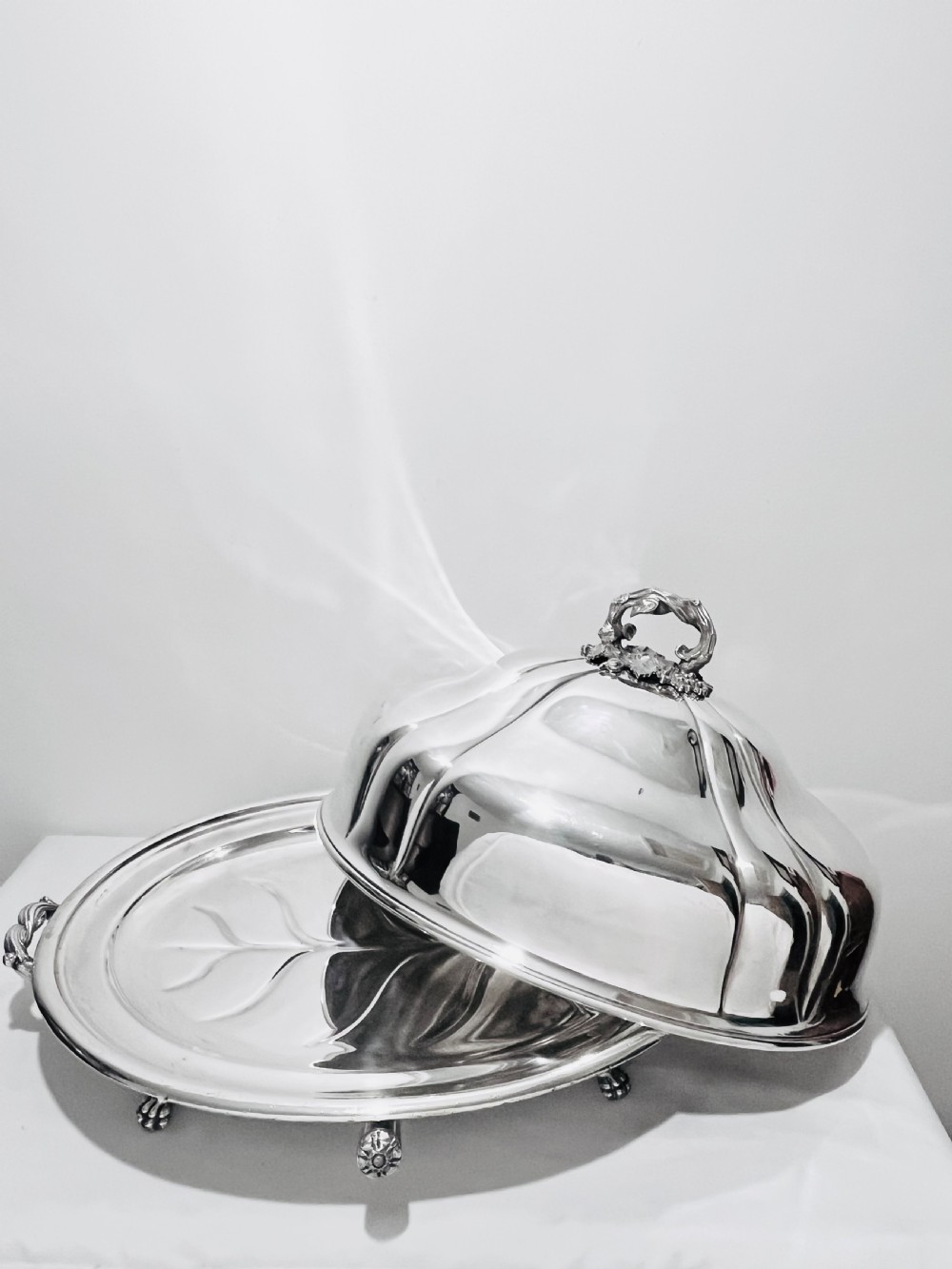 Old Sheffield silver plate meat dome cover on original well & tree warming base c1830 View III
