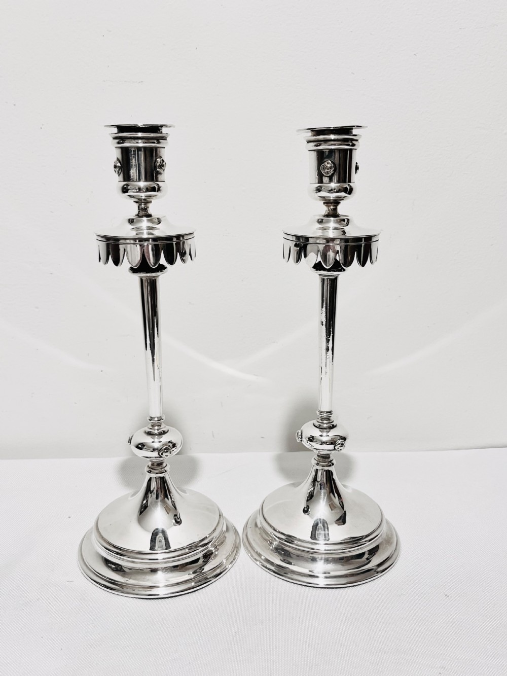 Stylish pair of Arts & Craft candlesticks by John Round c1900