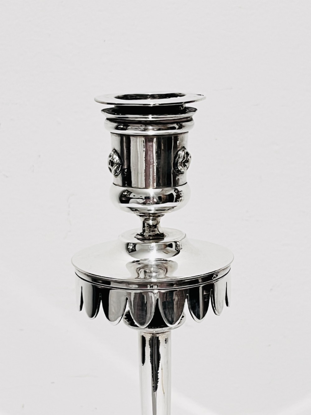 Stylish pair of Arts & Craft candlesticks by John Round c1900 View III