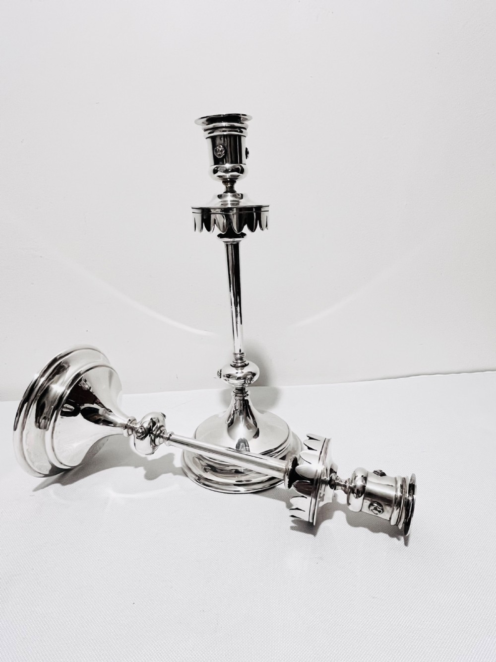 Stylish pair of Arts & Craft candlesticks by John Round c1900 View IV