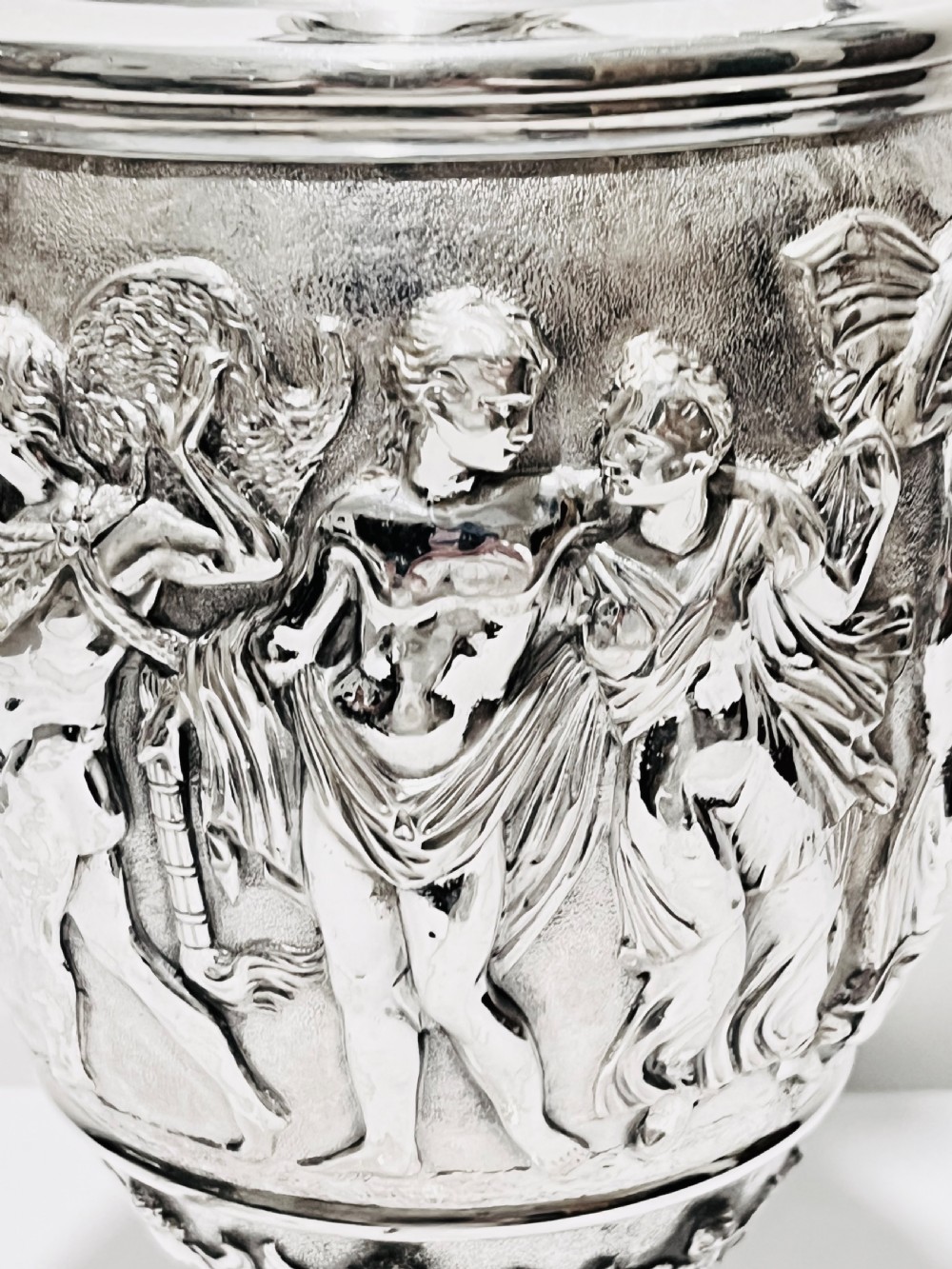 Antique silver plated tall claret  jug with relief work c1880 View II