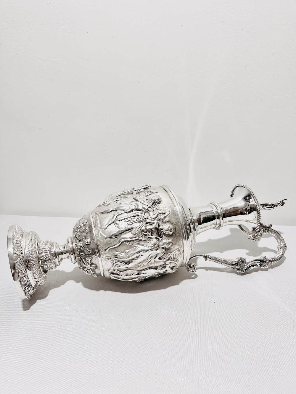 Antique silver plated tall claret  jug with relief work c1880 View V