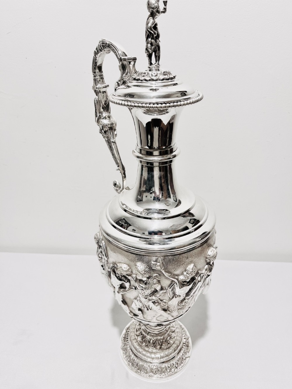Antique silver plated tall claret  jug with relief work c1880 View VII