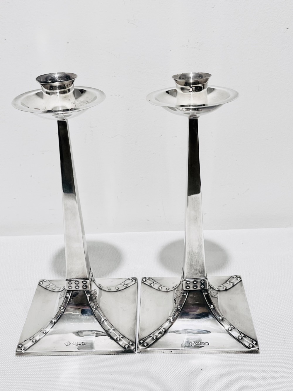 English sterling silver pair Arts & Crafts candlesticks Sheffield 1910