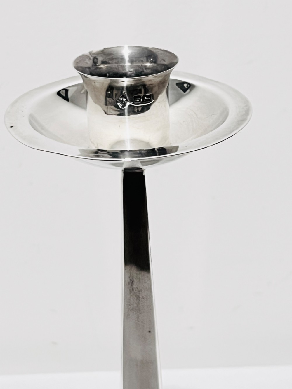 English sterling silver pair Arts & Crafts candlesticks Sheffield 1910 View II