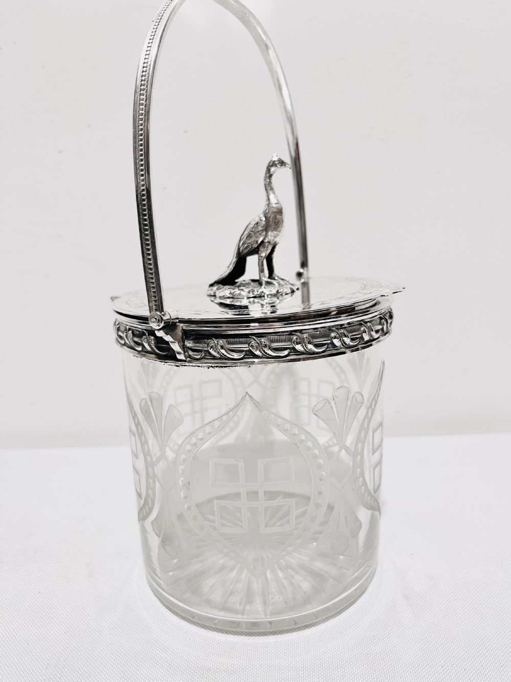 Antique silver plated & glass biscuit box c1880 with possibly a pheasant bird finial.