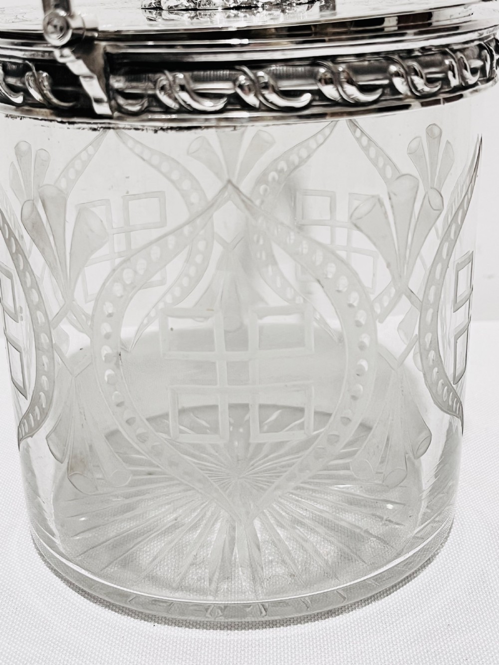 Antique silver plated & glass biscuit box c1880 with possibly a pheasant bird finial. View II