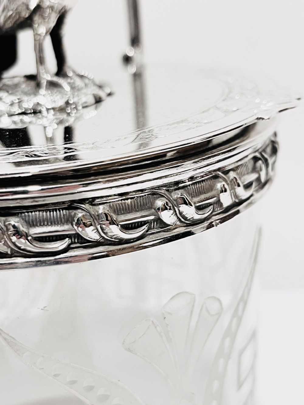 Antique silver plated & glass biscuit box c1880 with possibly a pheasant bird finial. View III