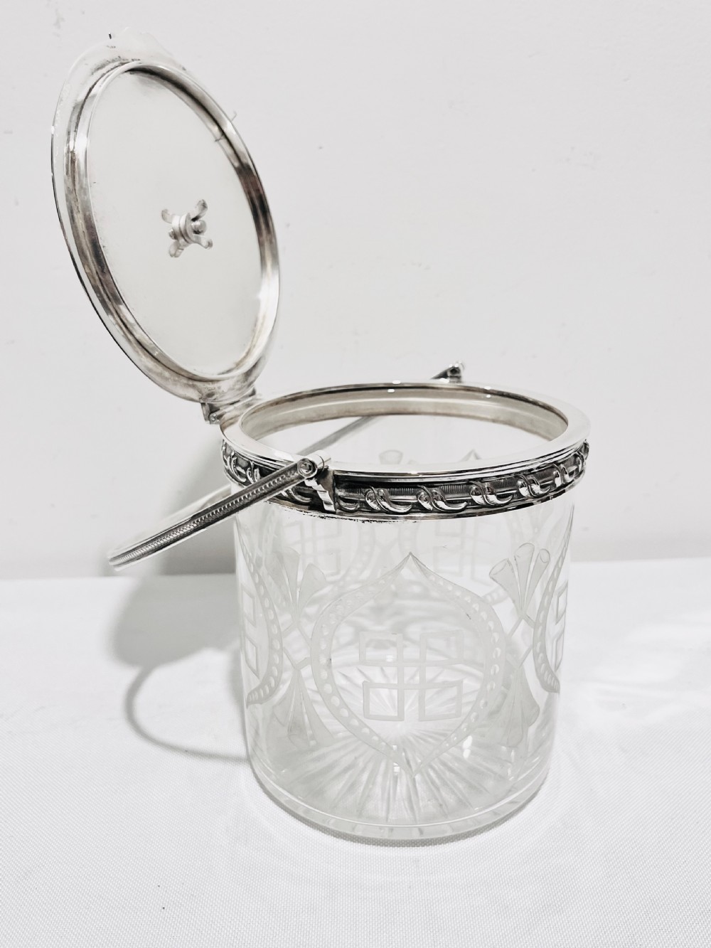 Antique silver plated & glass biscuit box c1880 with possibly a pheasant bird finial. View VI