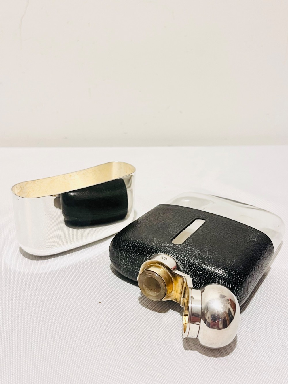Antique silver plated & leather bound hip flask c1900 by James Dixon & Sons View VI