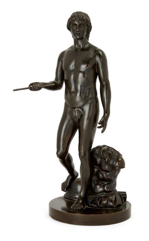 Superb 19th Century Bronze figure of David standing with torso of Goliath