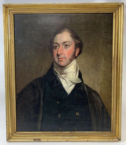 C18th Oil Painting on Canvas Portrait in a Gilt Frame Titled Mr Holmes