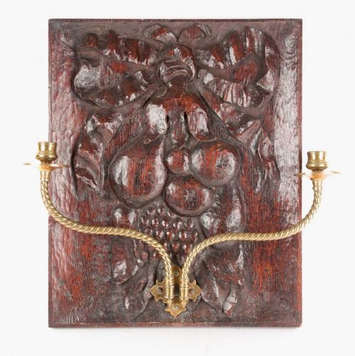 Carved Oak Panel with Large Pair of Brass Candle Sconces