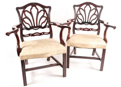 Georgian Pair of Armchairs with Carved Backs and Out Swept Arms