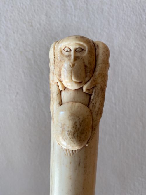 C19th Chinese Bone Walking Stick with Carved Monkey Holding a Ball