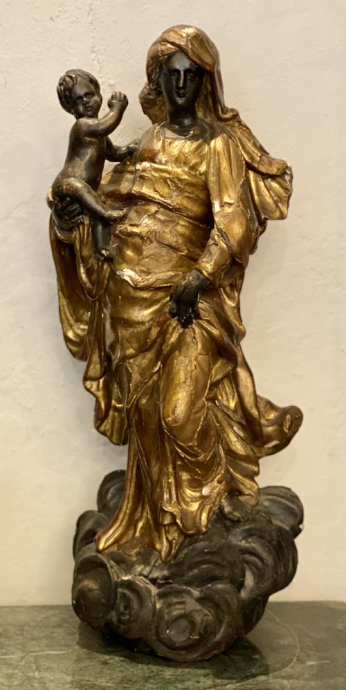 C18th Carved Lime Wood Figure of Madonna and the Child Christ