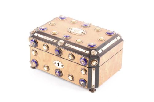 C19th Jewellery Casket in Birds Eye Maple and Applied Cabachons