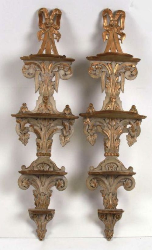 Pair of Regency Painted and Gilded Appliqué Shelves