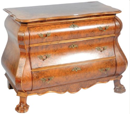 C19th Burr Walnut Dutch Bombe Chest of Three Drawers