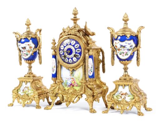 fig 1. C19th French gilt mantle garniture with blue Celeste serves style plaques