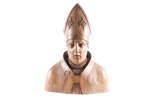 C17th Carved Wooden Bishop Head and Shoulders