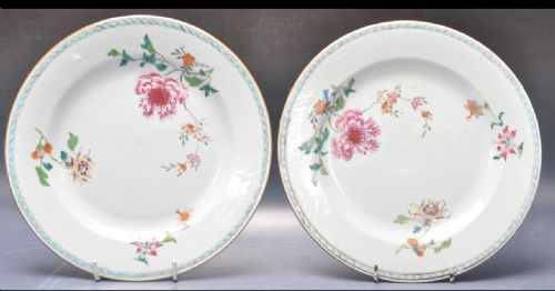 Pair of C18th Chinese Porcelain Plates with Famille Rose Decoration