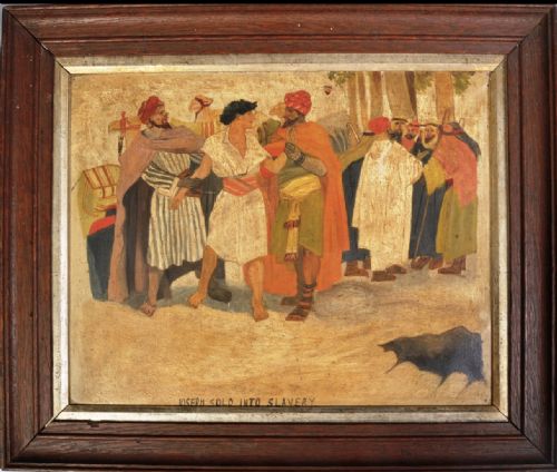 Early C20th Naive Oil on Canvase of Joseph Sold Into Slavery