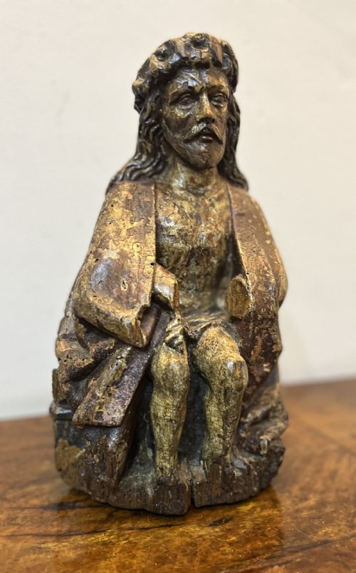 C1450 Carved Wood Polychrome Painted Christ Sat on the Cold Stone