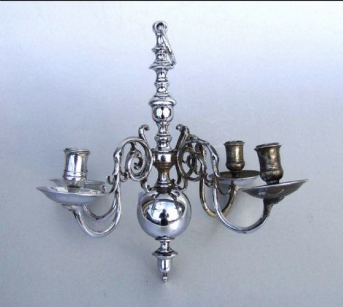 C19th Small Brass Silver Plated Hanging Dutch Style  Candelabra/ Ceiling Light