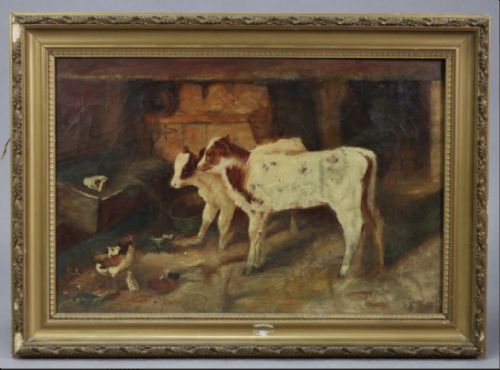 C19th Oil Painting of a Barn Scene with Two Calves