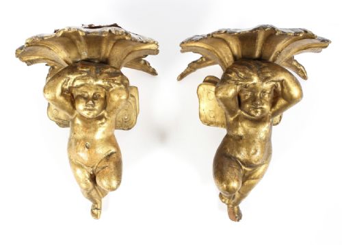 A Pair of Giltwood Cherub Wall Sconces