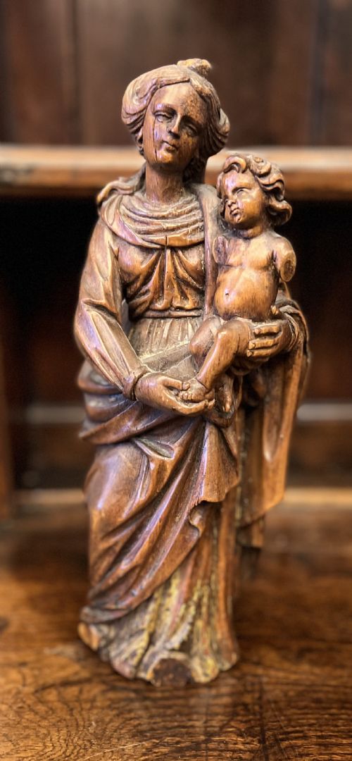 C18th Lime Wood Carved Figure of Madonna and Child