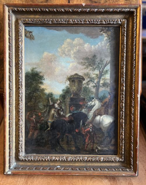 Early C18th Oil on Board Riders Startled by a Fool/clown
