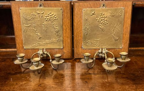 Arts and Crafts Oak and Brass Three Armed Wall Sconce