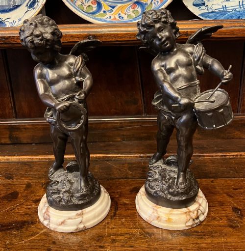 Pair of Bronze Cherub Musicians on Marble Bases