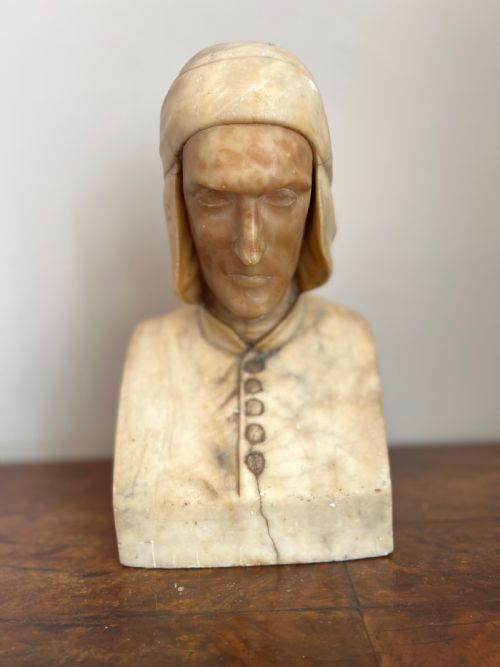 C19th Italian Carved Marble and Alabaster Bust of Dante