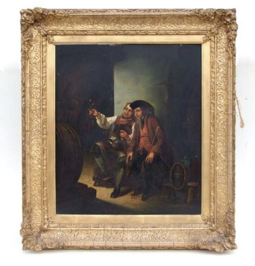 C19th Continental Oil Painting Set in a Wine Cellar