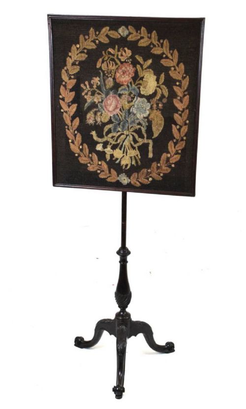 George III Mahogany Pole Screen with Embroidered Panel
