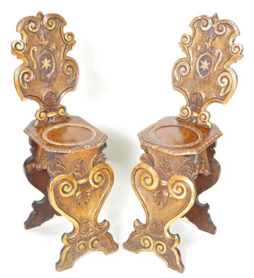 C18th Pair of Sgabello Hall Chairs Painted and Parcel Gilt