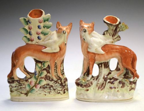 C1860 Staffordshire Pair of Flat Back Figures of Foxes with a Bird
